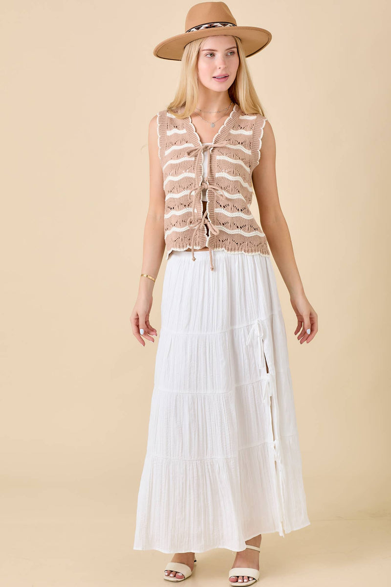 Low Waist White Midi Skirt w/ Slit & Ties