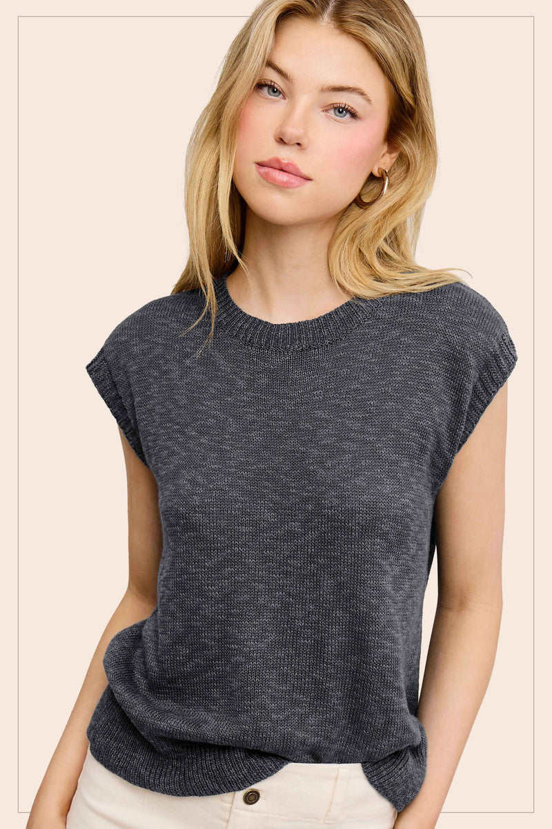 Charcoal Loose Fit Ribbed Knit Crew Neck Top