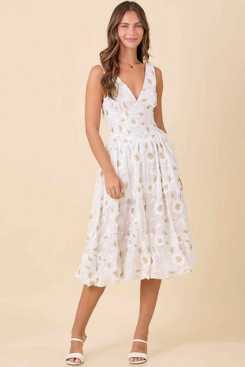 Low V-neck Midi Dress With 3D Floral Fabric
