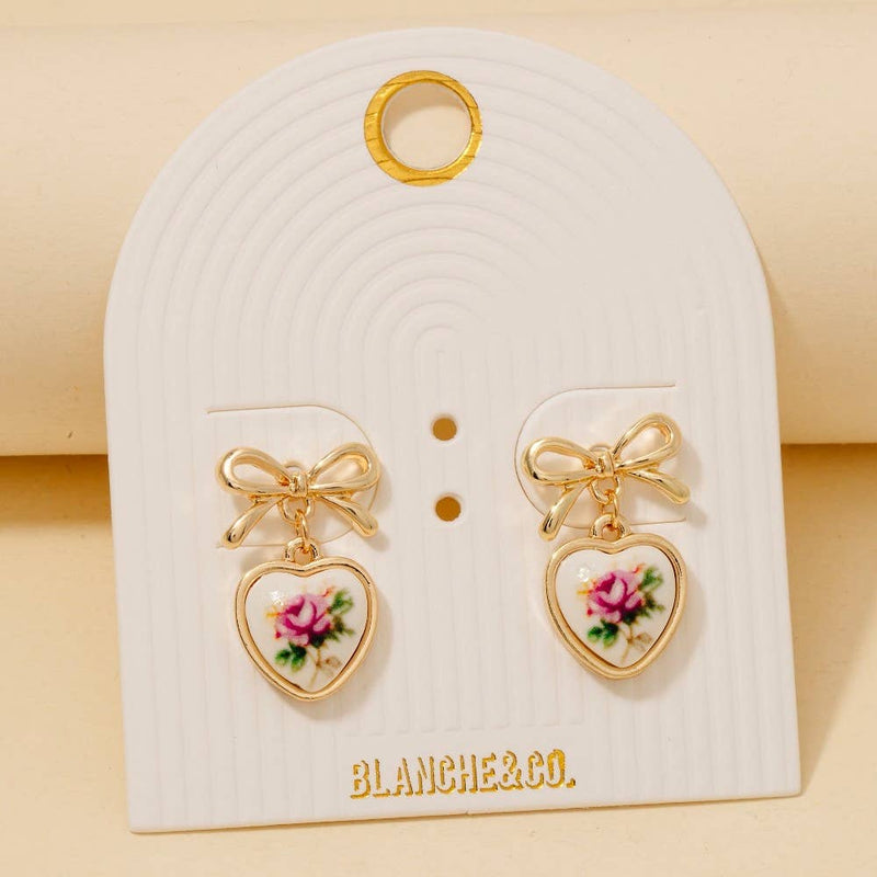 Pink Flower Heart Drop Ribbon Bow Stud Earrings