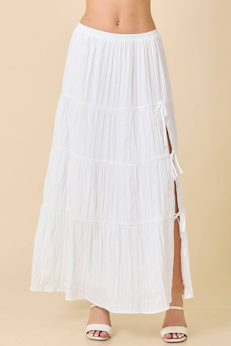 Low Waist White Midi Skirt w/ Slit & Ties
