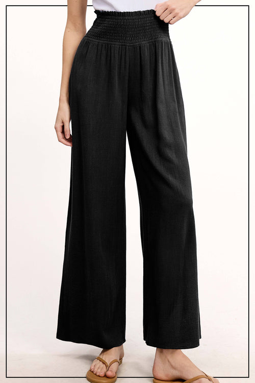 Black Smocked Waist Linen Pants