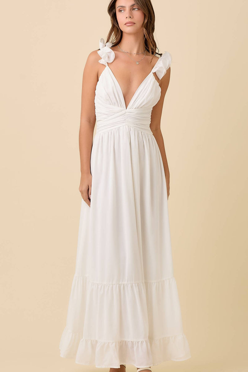White Maxi Ruffle Sleeve Dress w/ Back Tie
