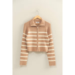 Taupe Striped Ribbed Zip Up Sweater