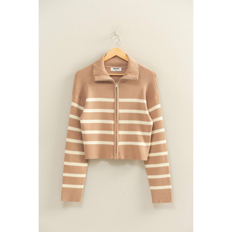 Taupe Striped Ribbed Zip Up Sweater