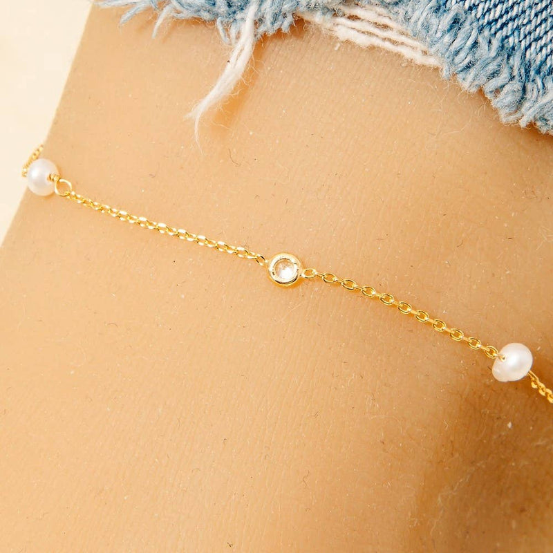 Cz And Pearl Station Chain Anklet