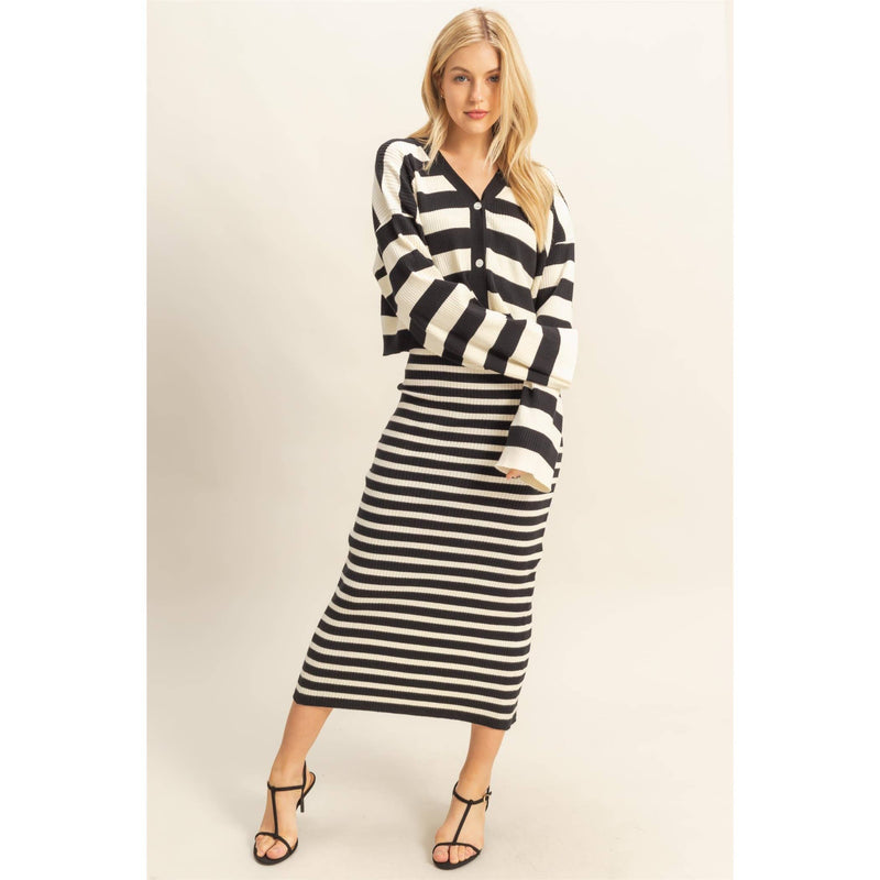 Black White Striped Sweater Cardigan