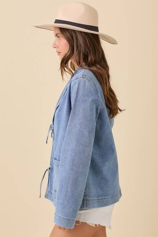 Lapel Collar Denim Jacket With Front Tie Detail