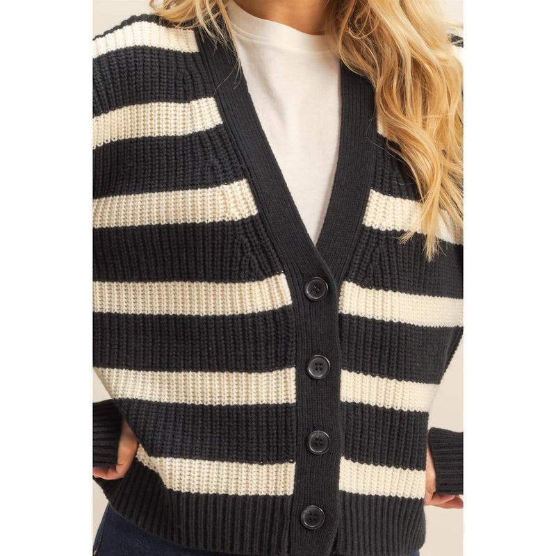 Striped Black & White Sweater Cardigan With Button Front