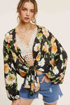 Black Floral Pattern Front Tie Blouse