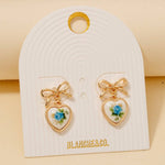 Blue Flower Heart Drop Ribbon Bow Stud Earrings