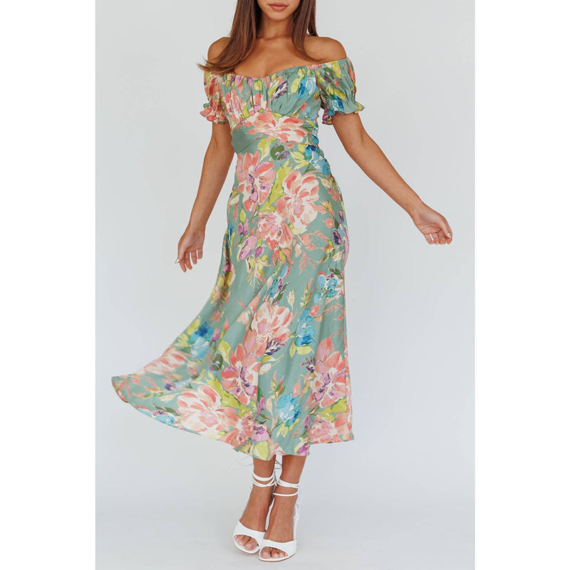 Sage Green Floral Printed Midi Dress