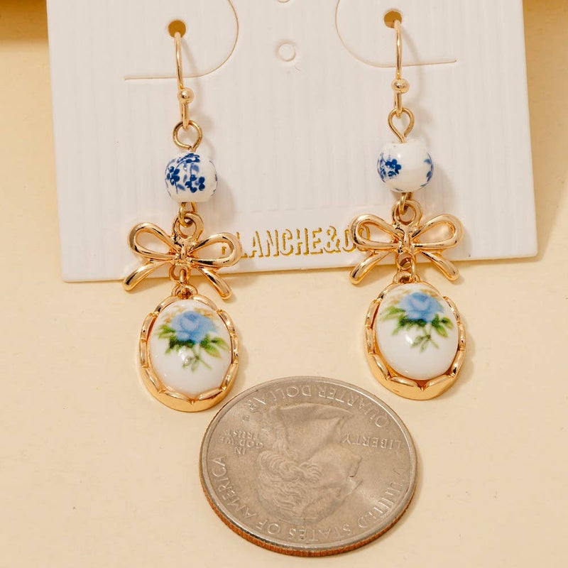 Bow And Pink Floral Ceramic Charms Dangle Earrings