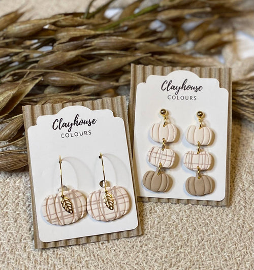 Plaid Pumpkins Clay Earrings : 3 pumpkins dangles