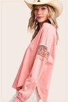 Coral Pink Embroidered Crochet Long Sleeve Top