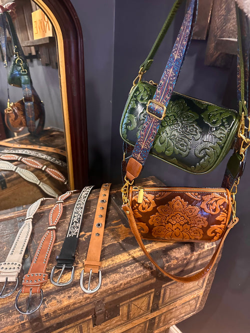 Brown Western Accent Embossed Baguette Bag