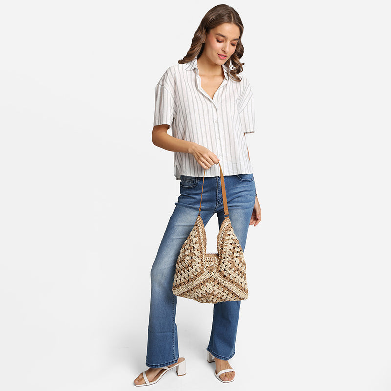Beige/Khaki Boho Woven Crochet Shoulder Bag