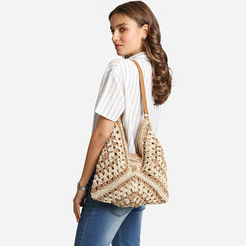 Beige/Khaki Boho Woven Crochet Shoulder Bag