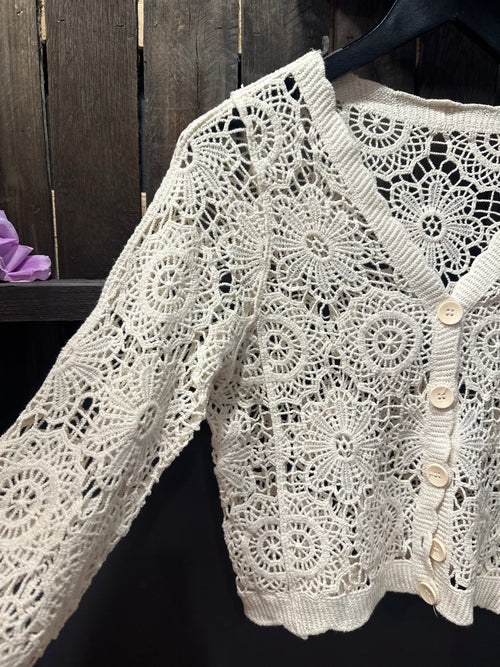 Scallop Trim Crochet Button up Cardigan