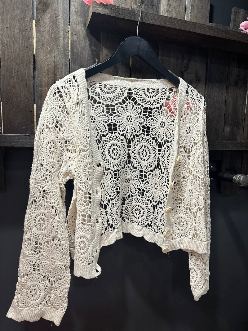 Scallop Trim Crochet Button up Cardigan