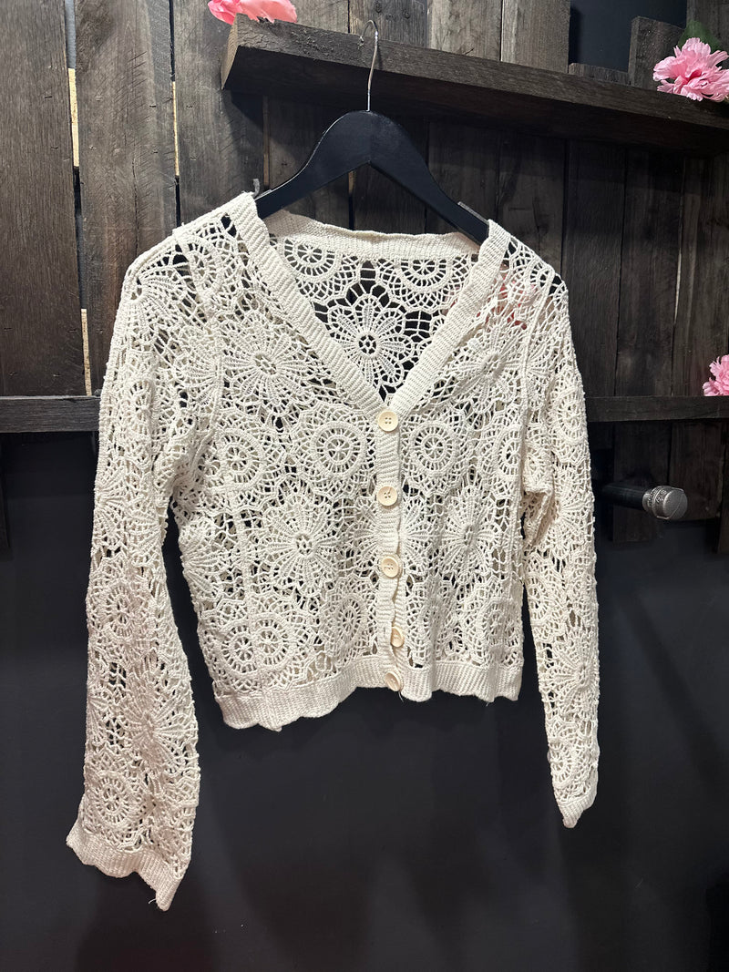 Scallop Trim Crochet Button up Cardigan