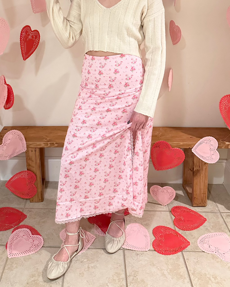 Pink Floral Printed Midi Skirt