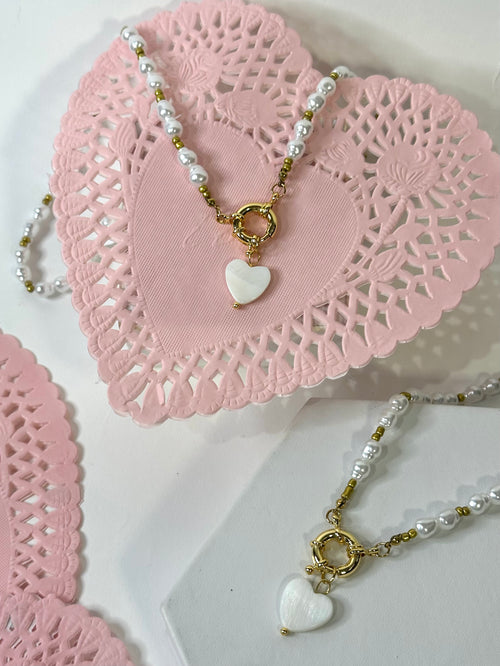 Pearl Gold Front Clasp Heart Pendant Necklace