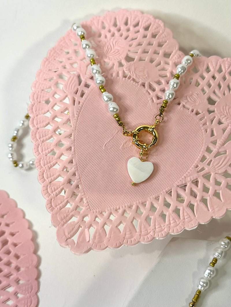 Pearl Gold Front Clasp Heart Pendant Necklace