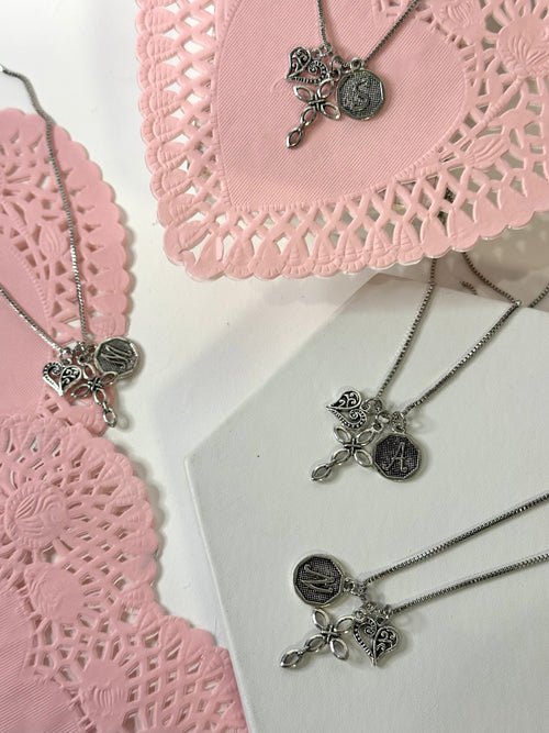 Vintage Silver Initial & Heart Charm Necklace
