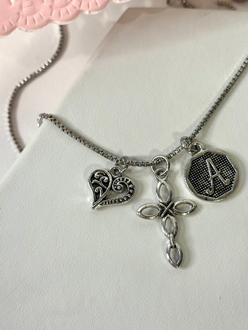 Vintage Silver Initial & Heart Charm Necklace