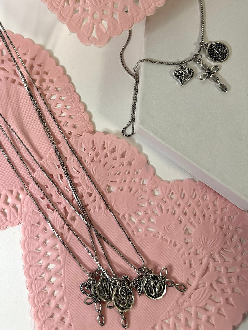 Vintage Silver Initial & Heart Charm Necklace