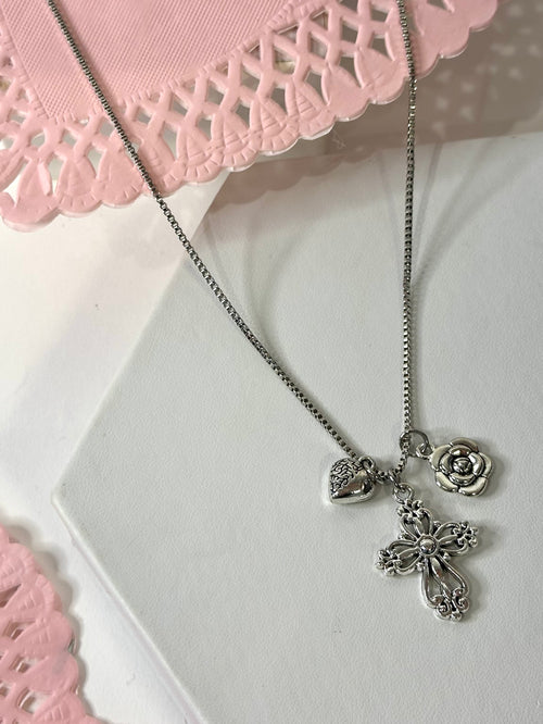 Heart, Cross, & Rose Charm Necklace