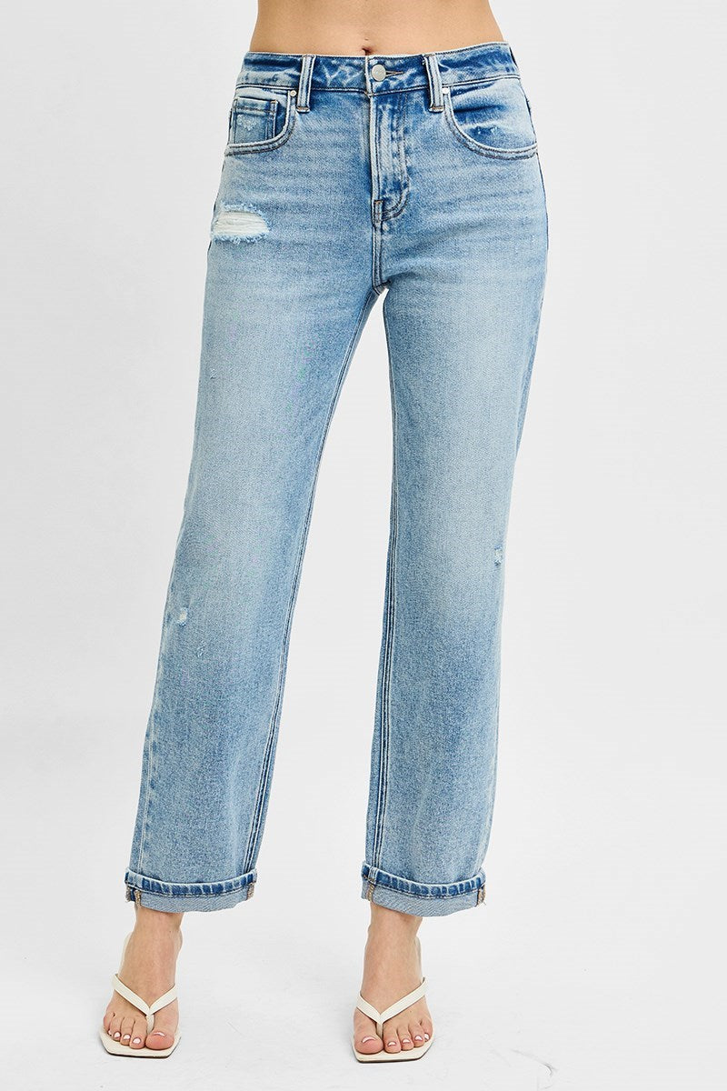 High Rise Ankle Boyfriend Distressed Jeans