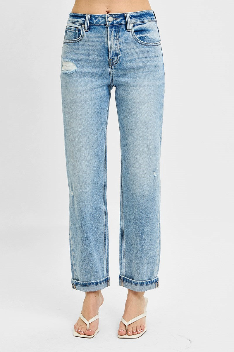 High Rise Ankle Boyfriend Distressed Jeans