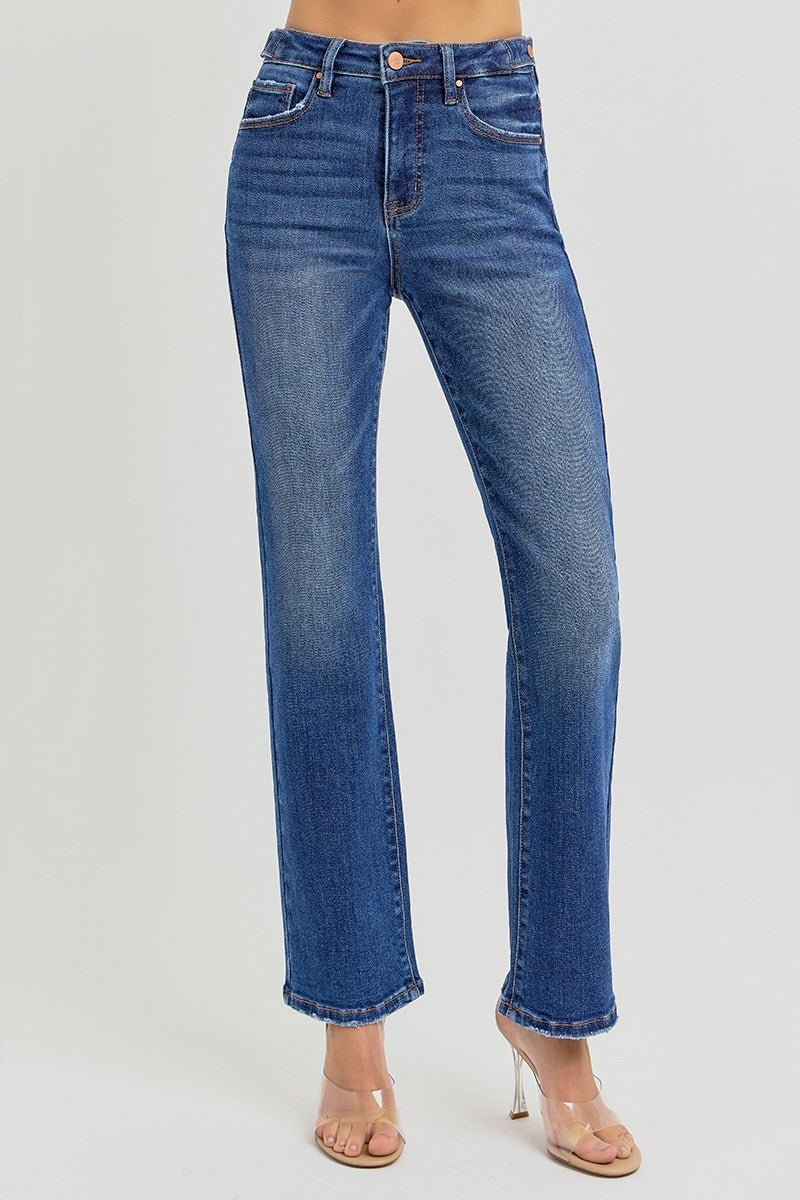 High Rise Ankle Straight Jeans w/ Adjustable Waist Band