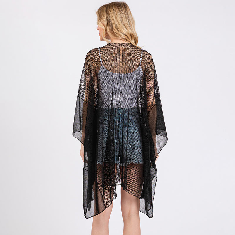 Black Sequin Embellished Mesh Cover Up Poncho