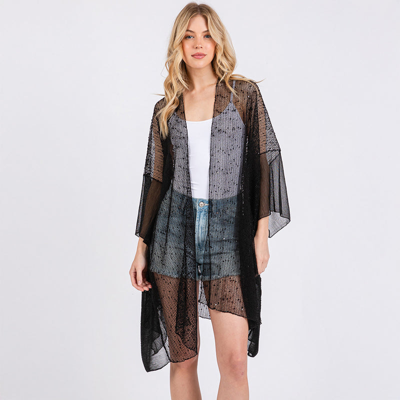 Black Sequin Embellished Mesh Cover Up Poncho
