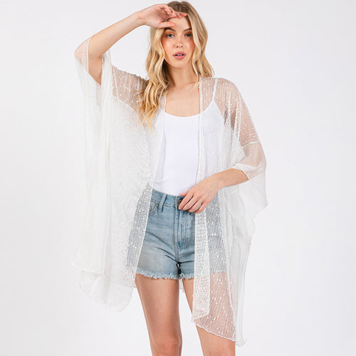 White Sequin Embellished Mesh Cover Up Poncho