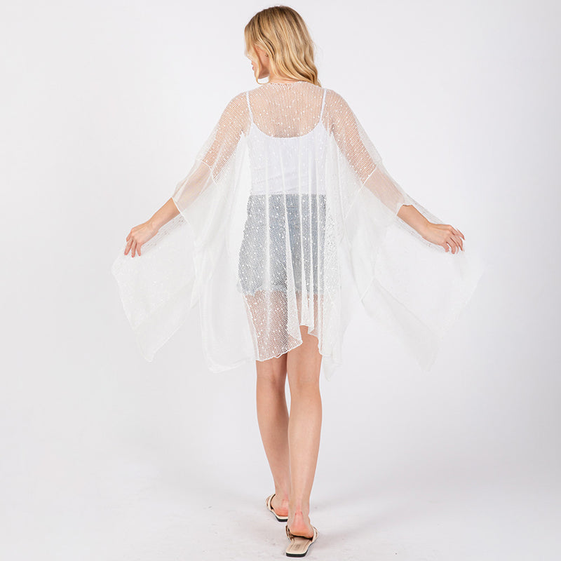 White Sequin Embellished Mesh Cover Up Poncho