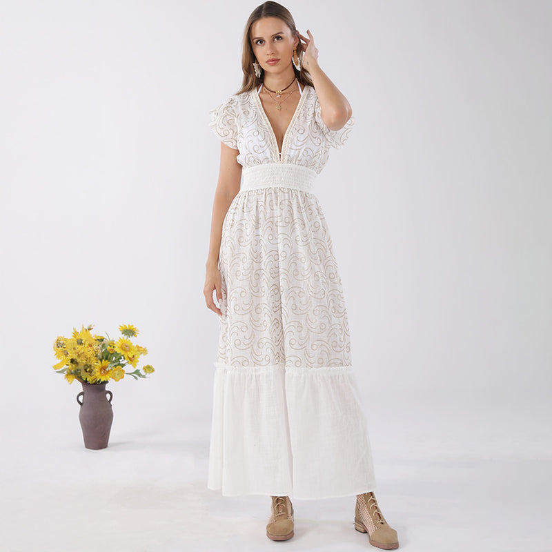 Ivory Boho Embroidered Maxi Dress
