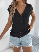 Black Button Up V-Neck Loose Top