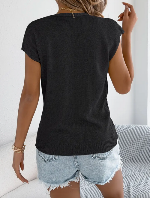 Black Button Up V-Neck Loose Top