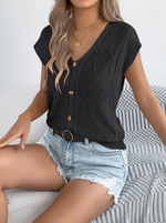 Black Button Up V-Neck Loose Top