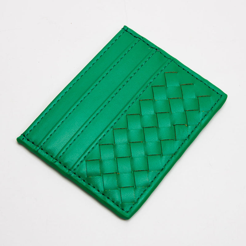 Green Faux Leather Basket Weave Card Holder Wallet