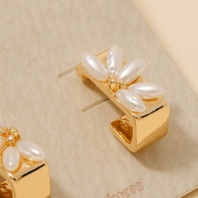 Pearl Beads Half Flower Rectangle Hoop Earrings