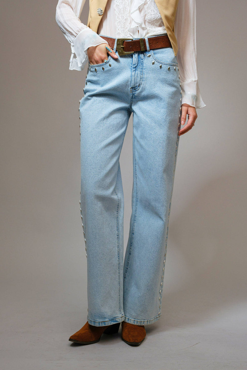 Western Diamond Studded Straight Leg Jeans