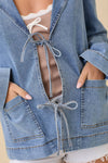 Lapel Collar Denim Jacket With Front Tie Detail