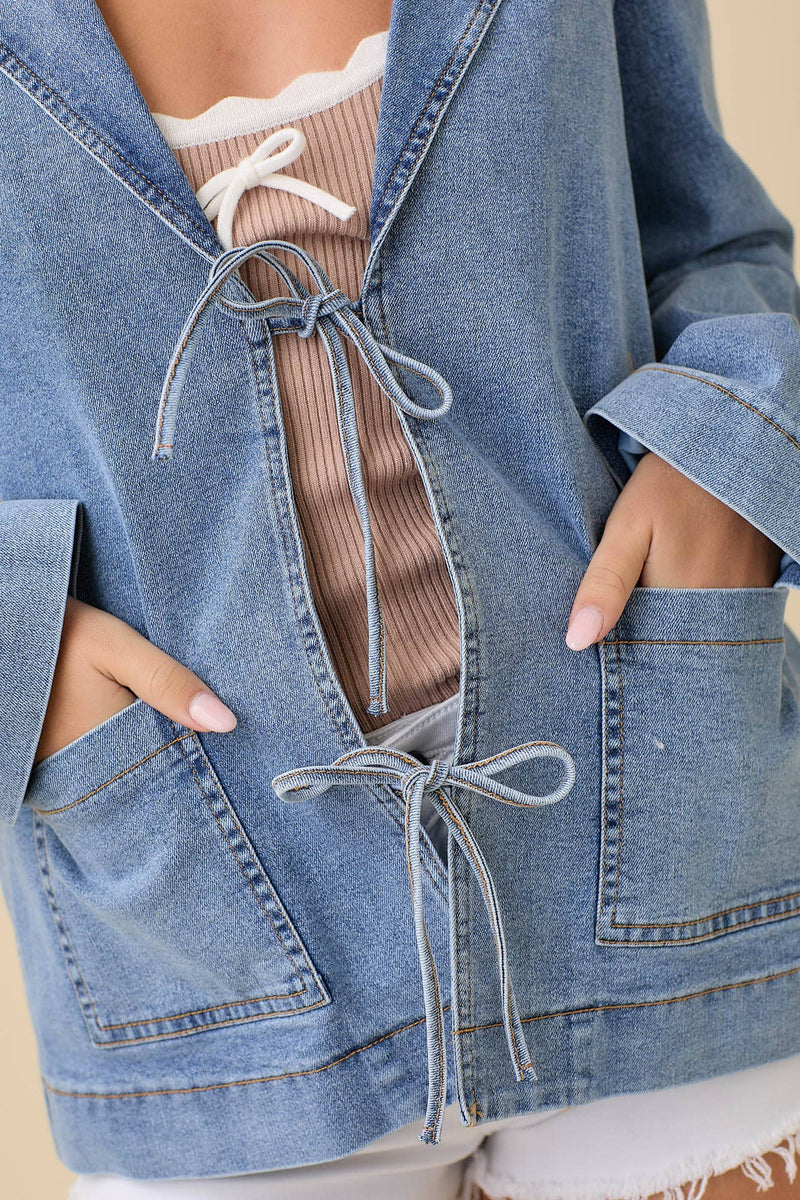 Lapel Collar Denim Jacket With Front Tie Detail