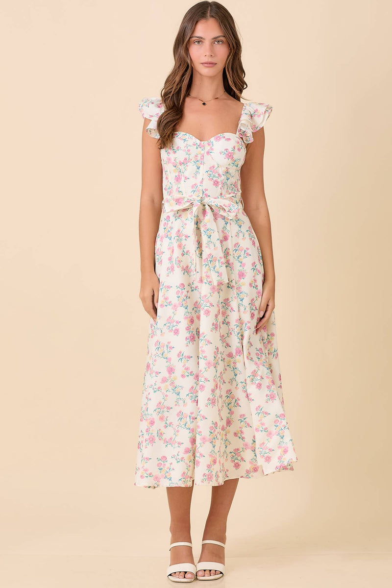 Ivory Floral Printed Ruffle Sleeve Midi Dress