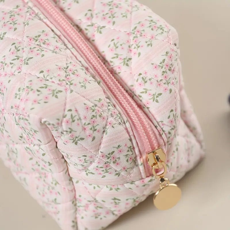 Dainty Pink Floral Quilted Cosmetic Bag